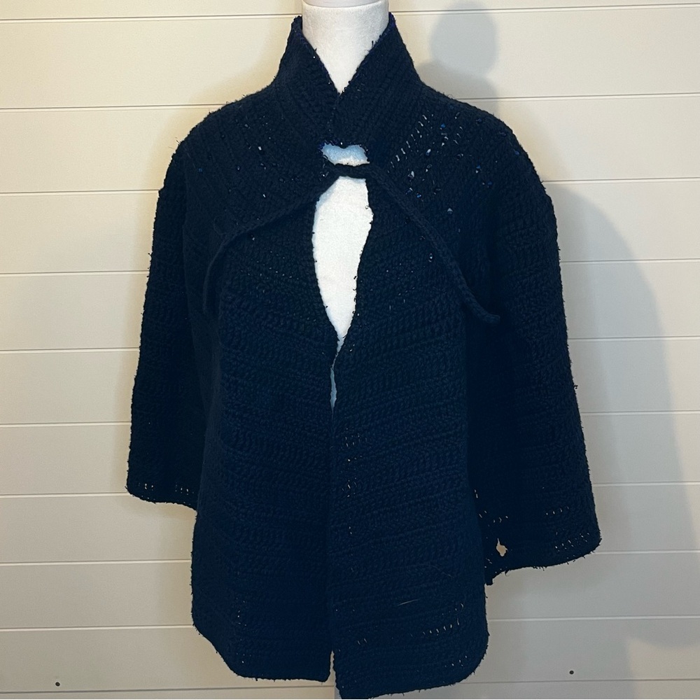 Handmade Blue Knit Open Front Crocheted Shawl Poncho with Rhinestones Collared